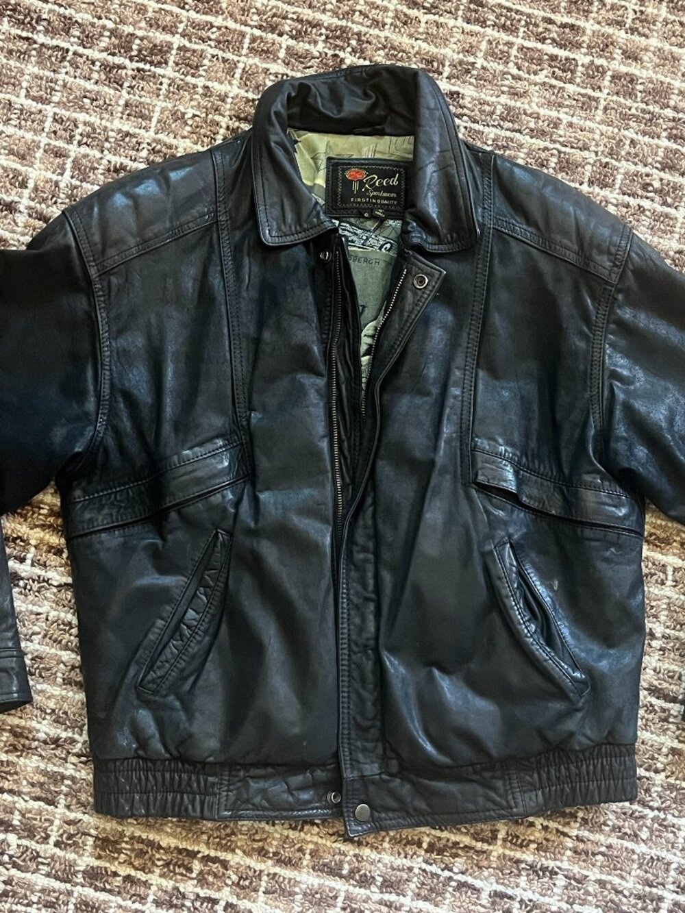 Reed Sportswear Black Leather Bomber Aviation Design Inner Lining MEDIUM
